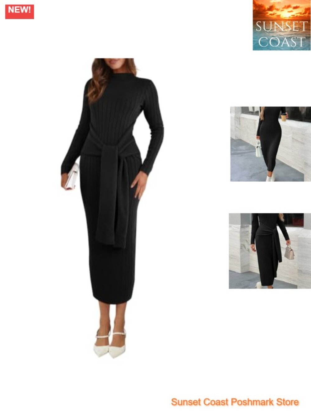 Long Sleeve Midi Sweater Dress Bodycon Mock Neck Ribbed Knit Tie Waist Fall